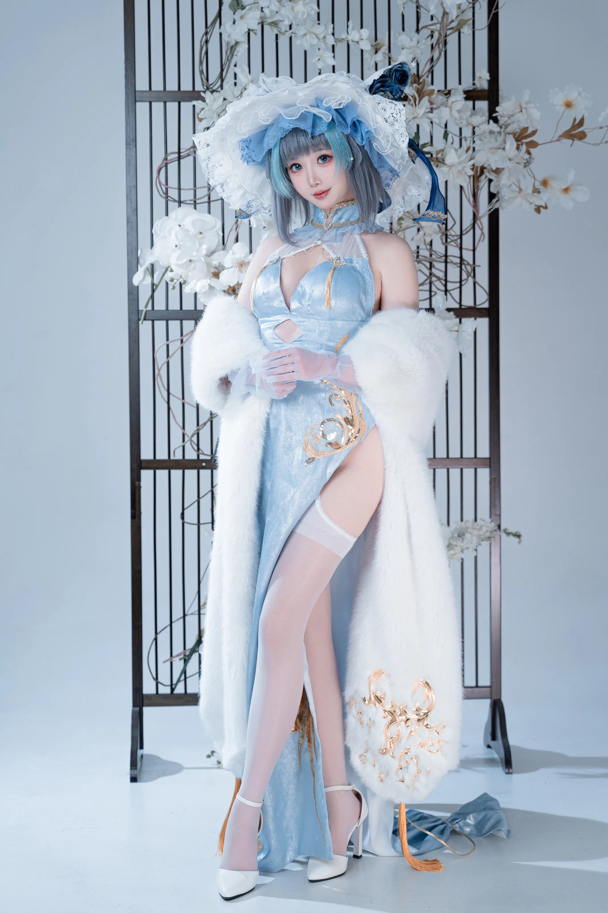 面饼仙儿 – 柴郡 猫猫 蓝旗袍 [40P]-66COS
