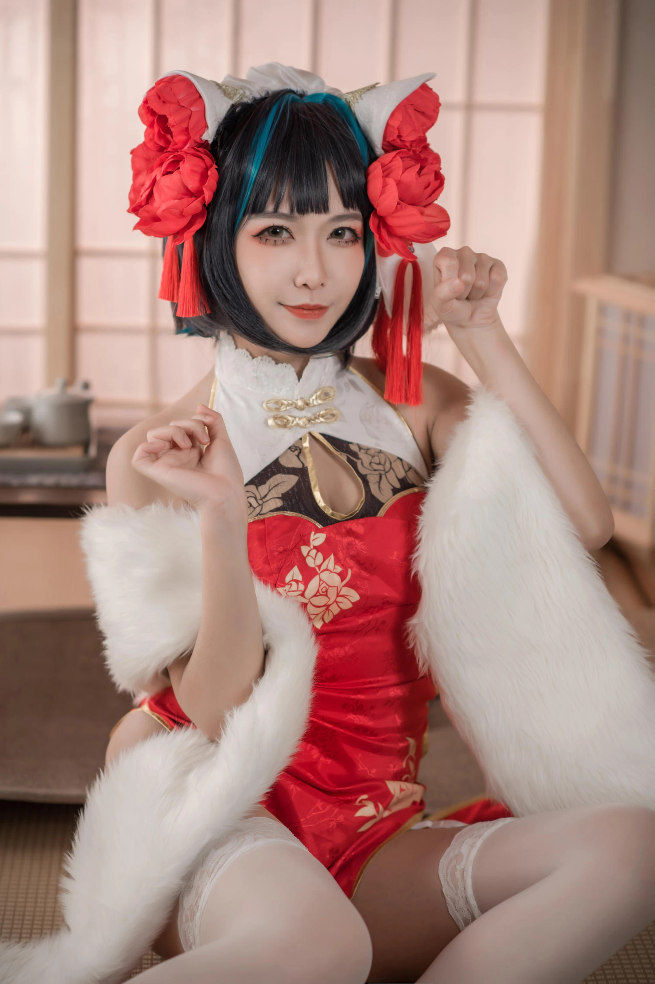 源纱希喵喵喵 – 柴郡红色旗袍 [50P] 插图6